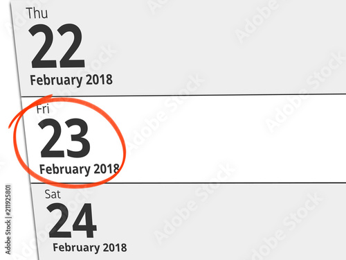 Date Friday 23 February 2018 circled in red on a calendar