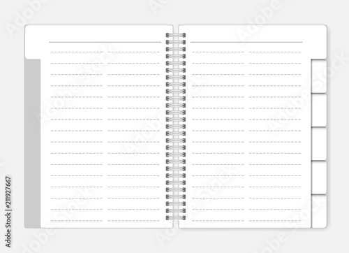 Two column dashed line spiral notebook with tab dividers mockup