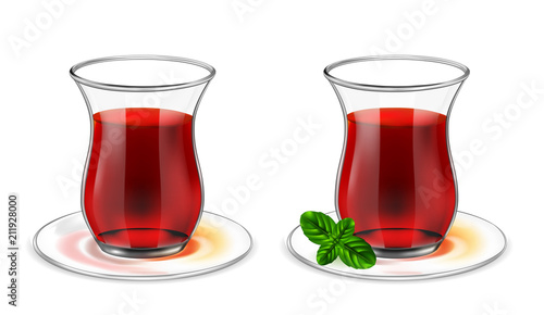 Turkish tea cup with black tea  and mint