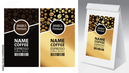 Paper packaging with label for coffee beans. Set of two vector labels for coffee with coffee cup and barcode, and paper 3d package with one of this labels.