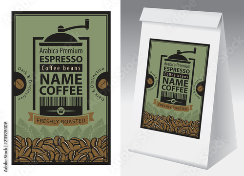Paper packaging with label for coffee beans in retro style. Vector label for coffee with coffee grinder, bar code and text and paper 3d package with this label.