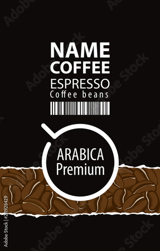 Vector label design for coffee beans with Cup and barcode on black background