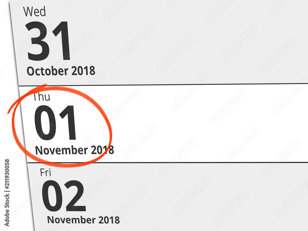 Fototapeta premium Date Thursday 01 November 2018 circled in red on a calendar