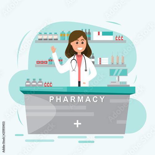 pharmacy with nurse in counter. drugstore cartoon character design vector illustration