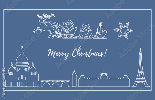 Santa Claus in sleigh with deers flying over Paris