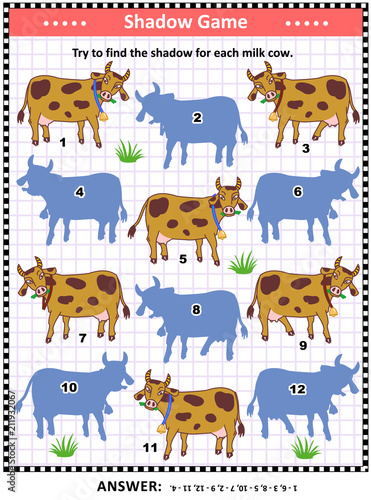 Shadow matching puzzle or game for kids and adults with spotted milk cows. Answer included.
