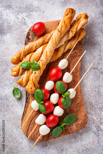 Caprese skewers and grissini bread
