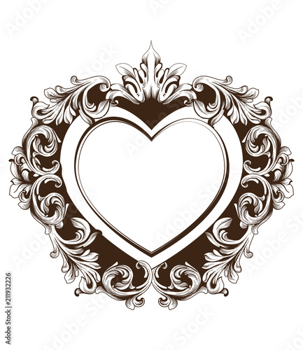 Vintage baroque frame heart shape card Vector. Detailed rich ornament illustration graphic line arts