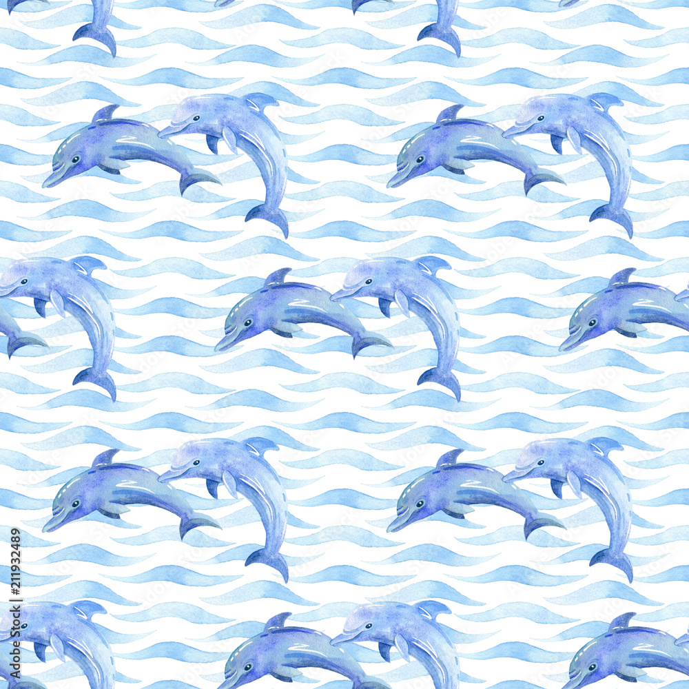 Fototapeta premium Delfin akwarela rastrowy wzór.