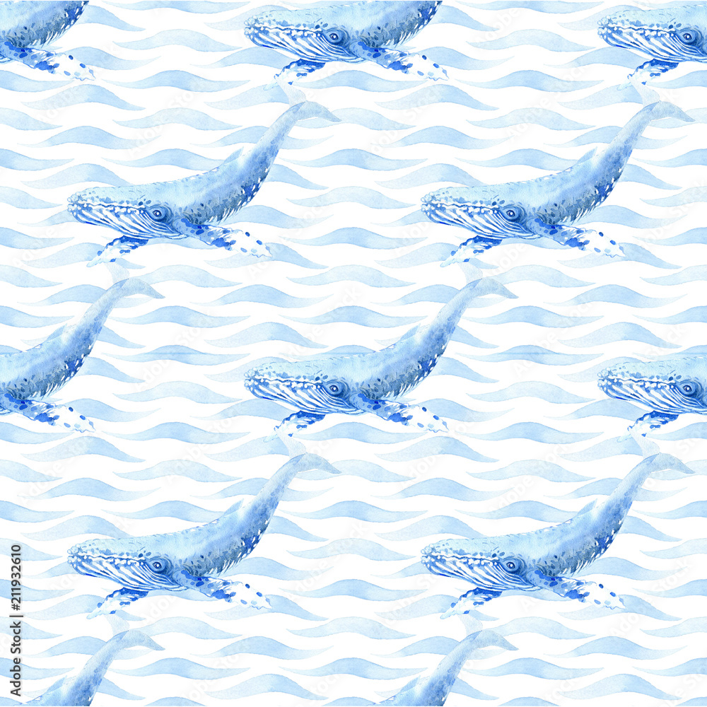 Obraz premium Wieloryb akwarela rastrowy wzór.