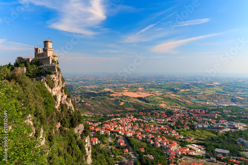 San Marino city view. Fortress of San Marino on the rock.
