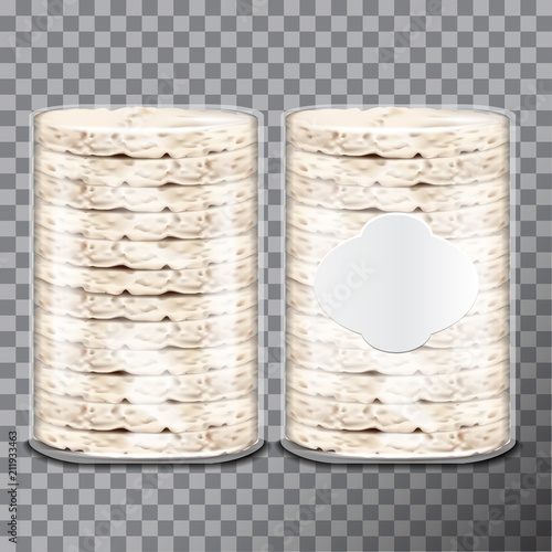 Wheat, Rice or Maize toast in clear plastic or cellophane film pack. Vector bread package design. 3d illustration, adjustable and scalable