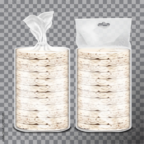 Wheat, Rice or Maize toast in clear plastic or cellophane film pack. Vector set of bread pack design. 3d illustration, adjustable and scalable