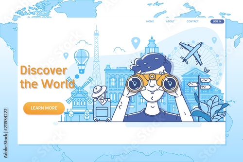 Creative website template of Discover the World.Worldwide traveling, time to travel