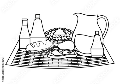 picnic tablecloth with lemonade pitcher and food over white background, vector illustration