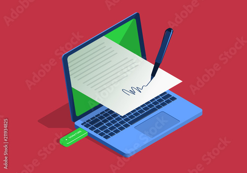 Isometric illustration on the theme of digital signature with laptop.