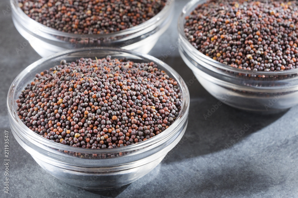Black mustard seeds in bowls - Brassica nigra Black mustard seeds in bowls - Brassica nigra