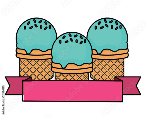 Decorative ribbon with ice cream cones over white background, vector illustration