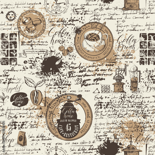 Vector seamless pattern on the coffee theme with a various coffee symbols, blots and inscriptions on a background of old manuscript in retro style. Can be used as wallpaper or wrapping paper