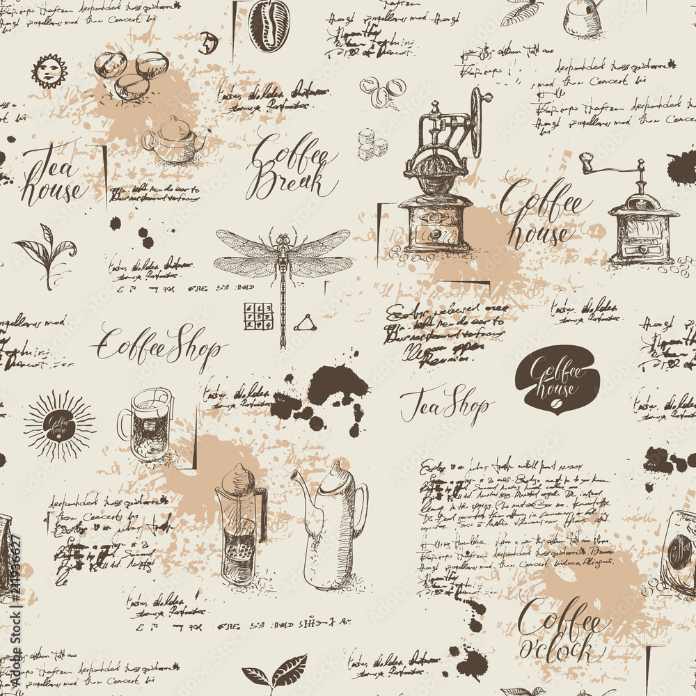 Vector seamless pattern on tea and coffee theme in retro style. Various coffee symbols, dragonfly, blots and inscriptions on a background of old manuscript. Can be used as wallpaper or wrapping paper