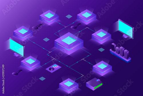 Blockchain and Cryptocurrency isometric composition with people. e-commerce, bitcoin trading, analysts and managers working on crypto start up ultraviolet background. Vector 3d isometric illustration.