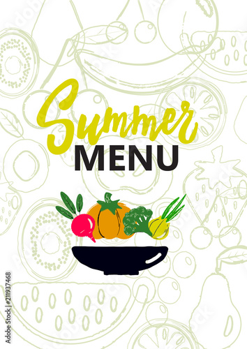 Summer menu cover. Design concept for smoothie bar  veggie cafe  restaurant. Illustration of veggetable and bowl.