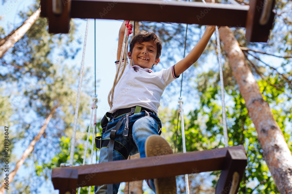 Obraz premium Not fear. Upbeat preteen boy being not afraid of height at rope park and looking down while walking along one of the trails