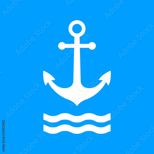 White anchor vector icon on blue background
