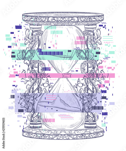 Vintage hourglass with floral ornament and glitch pixel noise. Engraved style. Isolated object. Design template for print, poster, tattoo, t-shirt. Vector illustration 
