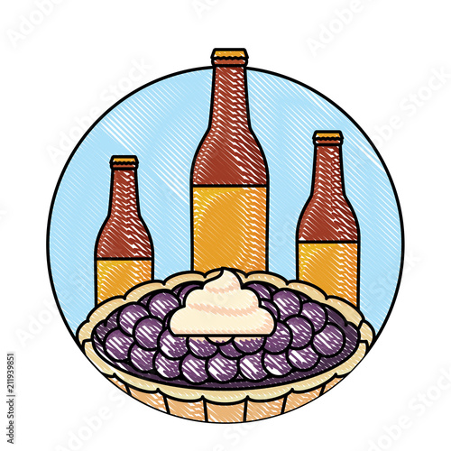 beer bottles and sweet pie over white background, vector illustration