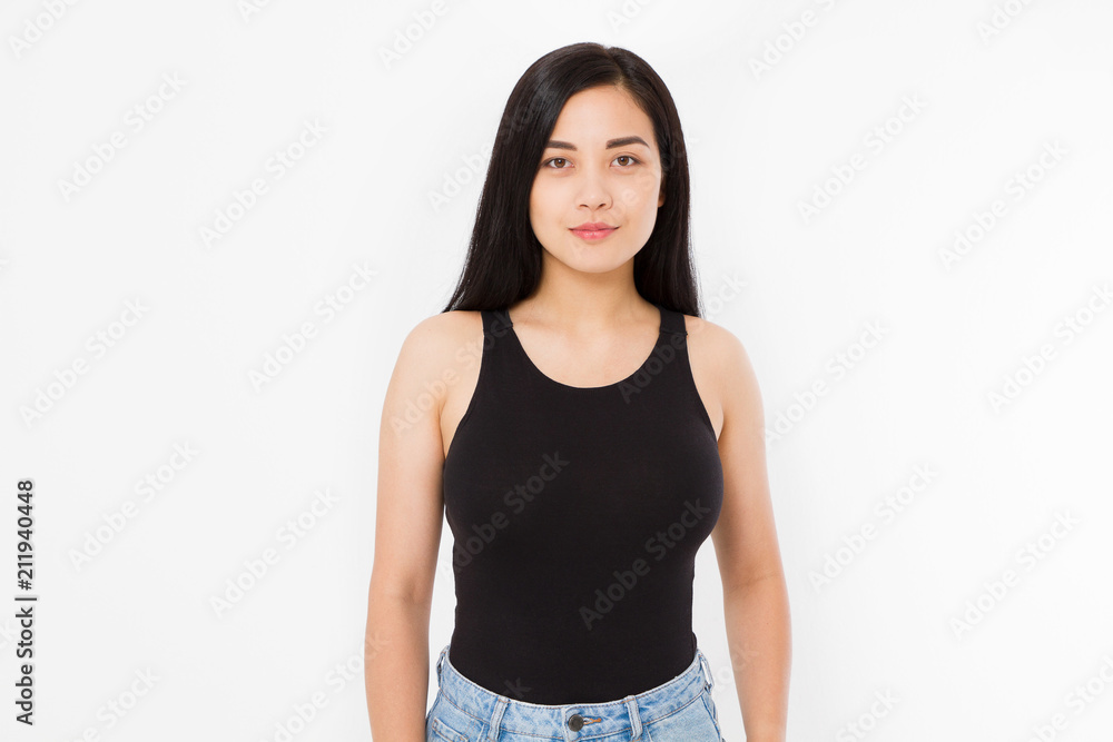 Beautiful asian young woman girl isolated on white background. Copy space. Mock up. Fashion Template blank black summer shirt. Skin care Beautiful asian young woman girl isolated on white background. Copy space. Mock up. Fashion Template blank black summer shirt. Skin care