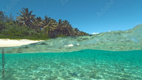 HALF UNDERWATER: Spectacular view of the crystal clear ocean and exotic beach.