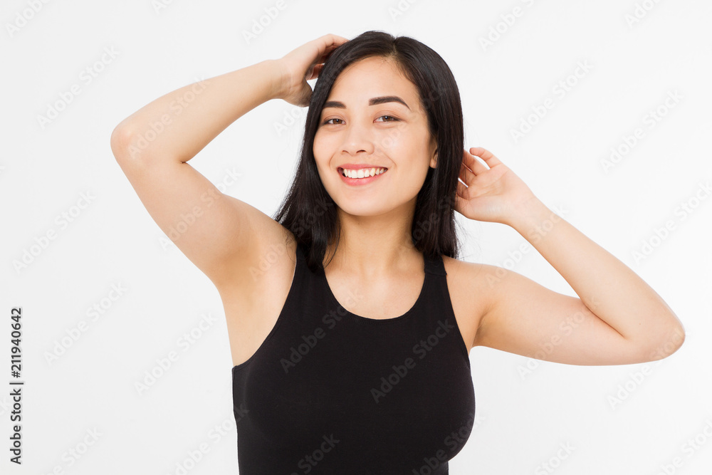 Woman perfect armpit. Happy Asian japanese girl isolated on white background. Summer template blank t shirt clothes. Copy space. Mock up. Spa and skin care concept. Make up Woman perfect armpit. Happy Asian japanese girl isolated on white background. Summer template blank t shirt clothes. Copy space. Mock up. Spa and skin care concept. Make up