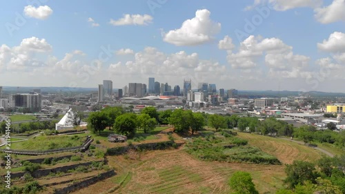 Nashville skyline with abandoned and overgrown ballpark. Nashville Greer Stadium. photo