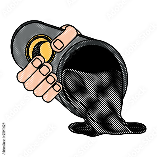 hand holding a oil Barrel with spilled liquid icon over white background, vector illustration