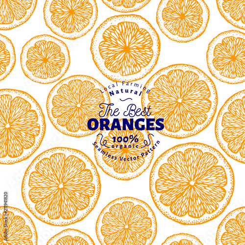 Orange seamless pattern. Hand drawn vector fruit background. Engraved style. Vintage citrus illustration.