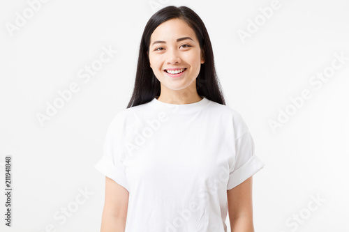 Young asian girl isolated on white background. Copy space. Mock up. Summer woman clothes blank template white t shirt.