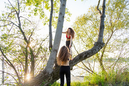 Fashion blogger twins on tree, Mantova, Lombardia, Italy photo
