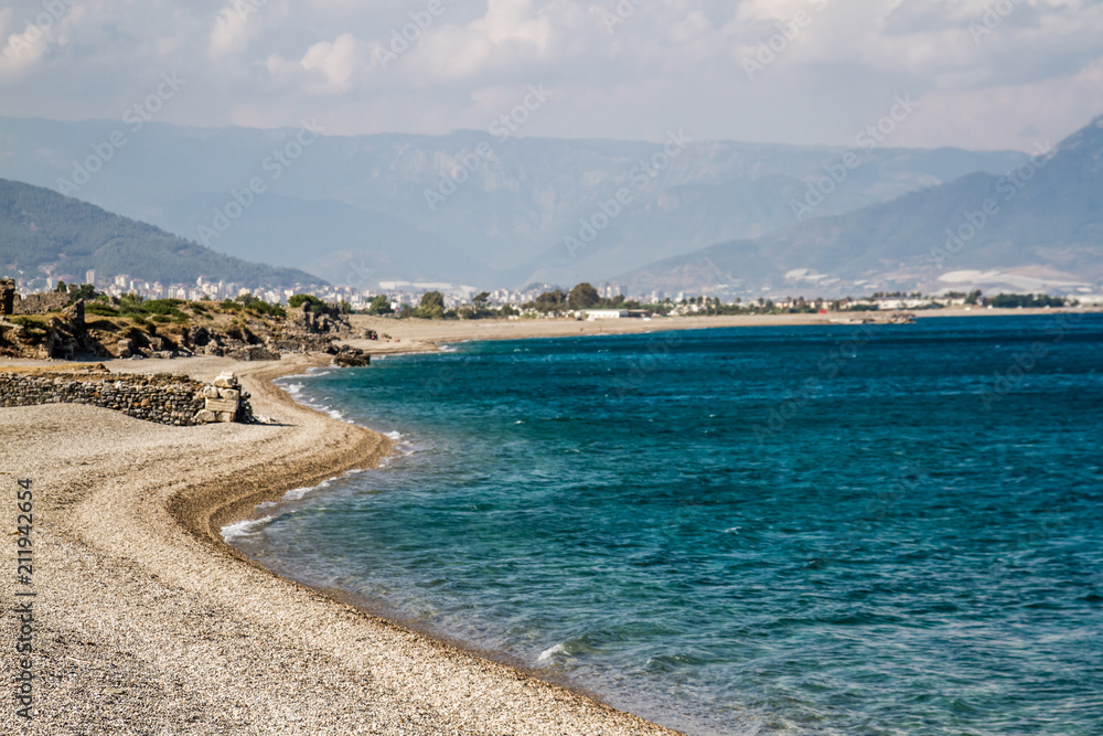 Beach and Ruins of Anemurium Ancient City in Anamur, Turkey