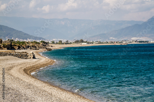 Fototapeta Naklejka Na Ścianę i Meble -  Beach and Ruins of Anemurium Ancient City in Anamur, Turkey