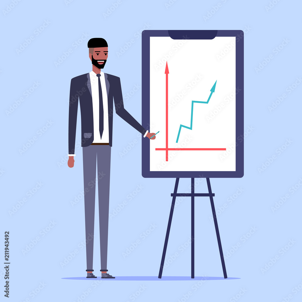 Businessman at the blackboard with a diagram. Vector illustration Businessman at the blackboard with a diagram. Vector illustration