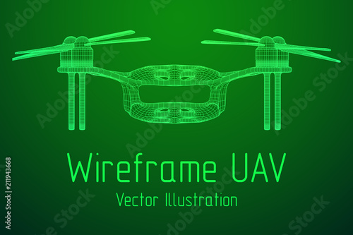 Remote control air drone. Dron flying with action video camera. Wireframe low poly mesh vector illustration