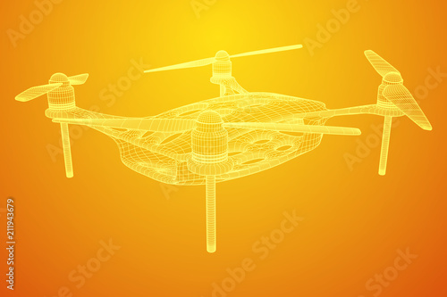 Remote control air drone. Dron flying with action video camera. Wireframe low poly mesh vector illustration