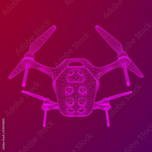 Remote control air drone. Dron flying with action video camera. Wireframe low poly mesh vector illustration
