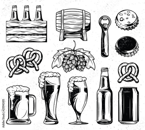 Isolated illustration set with hand drawn beer elements.