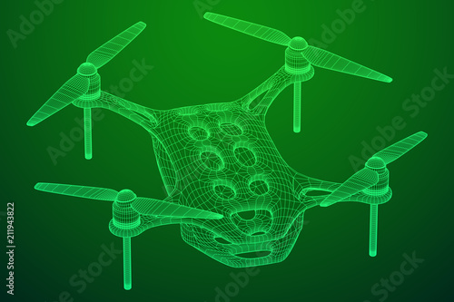 Remote control air drone. Dron flying with action video camera. Wireframe low poly mesh vector illustration