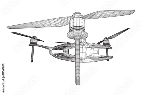 Remote control air drone. Dron flying with action video camera. Wireframe low poly mesh vector illustration