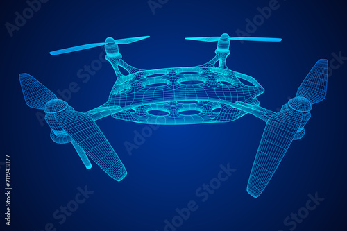 Remote control air drone. Dron flying with action video camera. Wireframe low poly mesh vector illustration