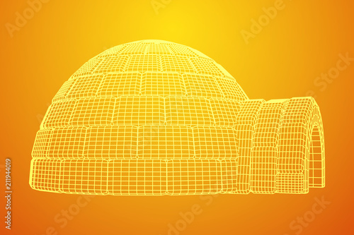 Igloo icehouse. Snowhouse or snowhut. Eskimo shelter built of ice. Wireframe low poly mesh vector illustration