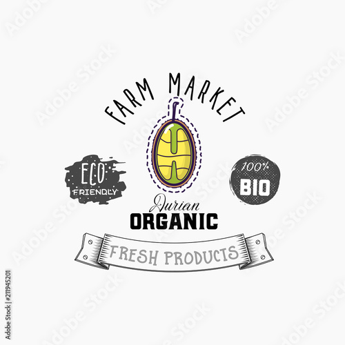 Bio sticker and eco products. Durian web element, Isolated Vector.